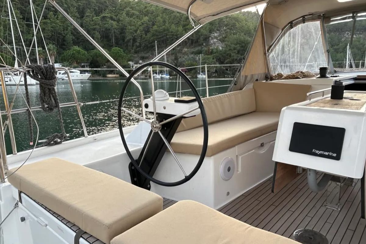 Deck of Sail Corvus, a Dufour 390 GL sailboat at Marmaris, Turkey