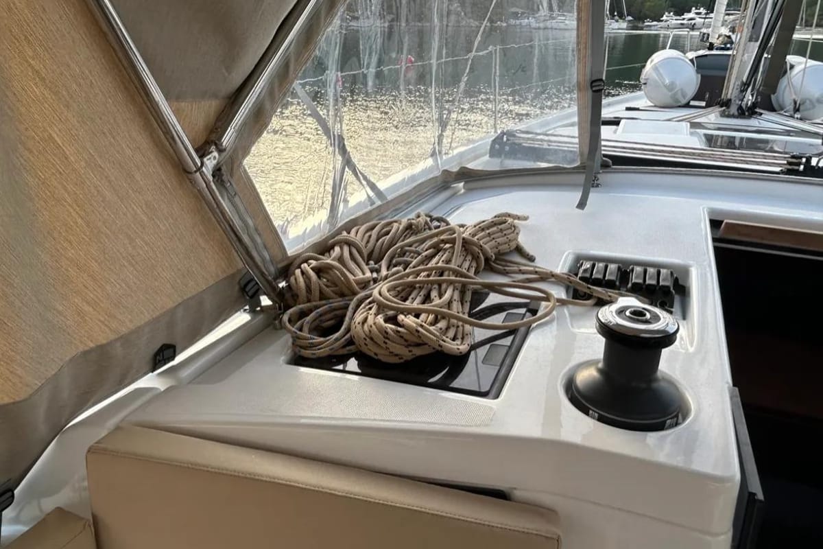 Deck of Sail Corvus, a Dufour 390 GL sailboat at Marmaris, Turkey