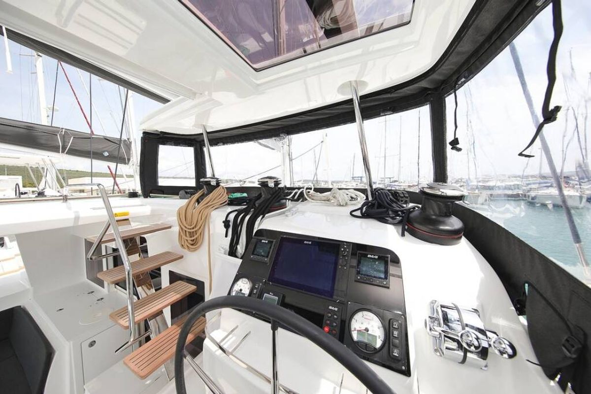 Cockpit of Hanna 1, a Lagoon 450 S catamaran at Grad Kaštela, Croatia