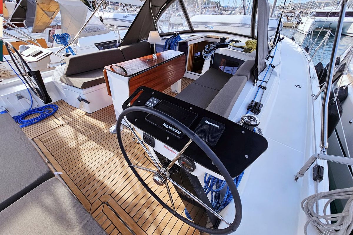 Cockpit of Ava, a Dufour 41 sailboat at Općina Rogoznica, Croatia