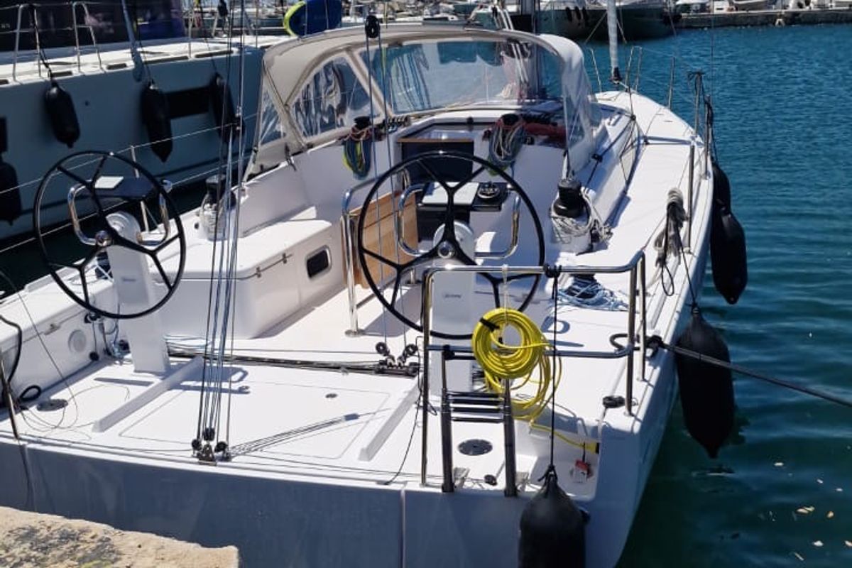 Cockpit of Tiamat, a Beneteau First 36 sailboat at Piraeus, Greece