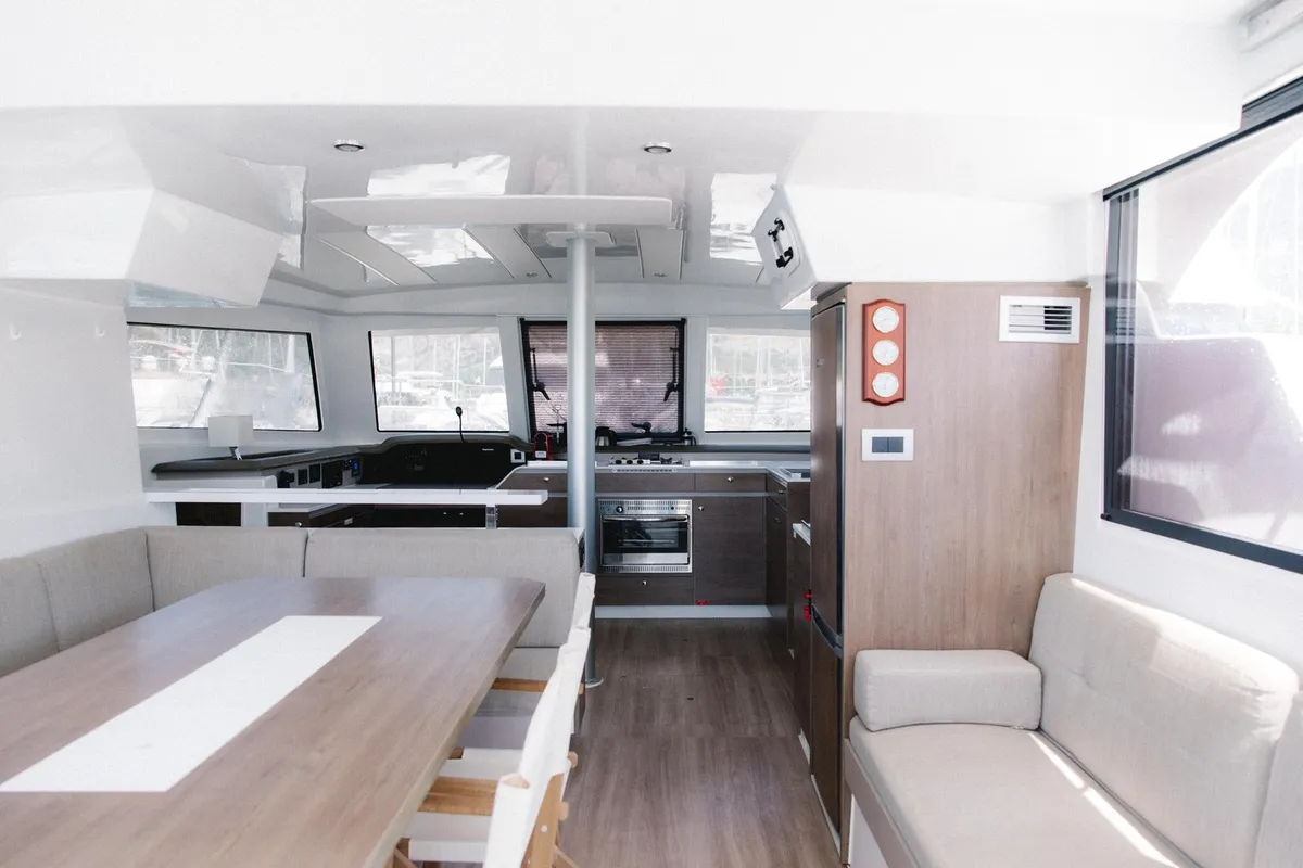 Salon of Moana 2, a Bali Catspace catamaran at Fethiye, Turkey