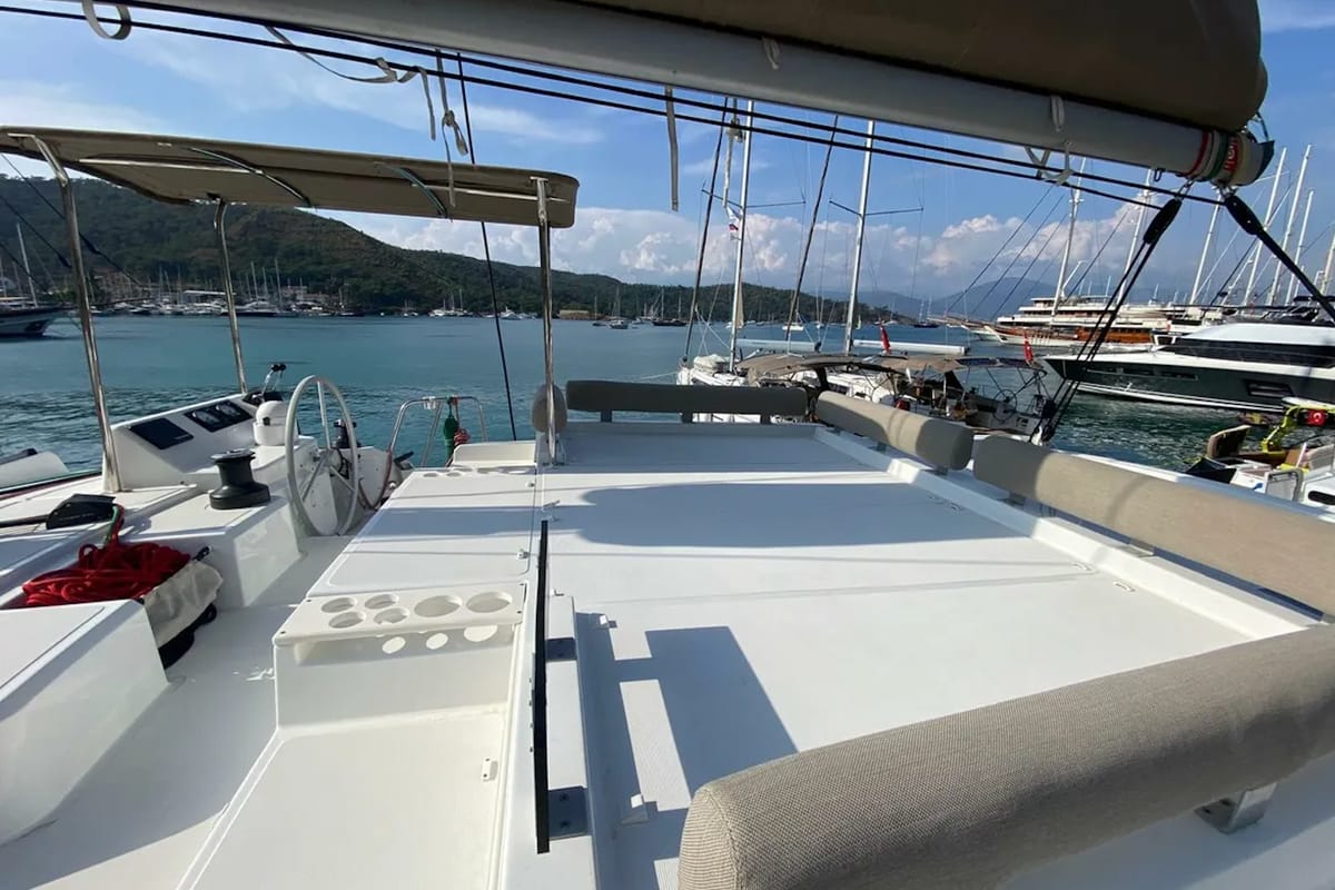 Cockpit of Moana 2, a Bali Catspace catamaran at Fethiye, Turkey