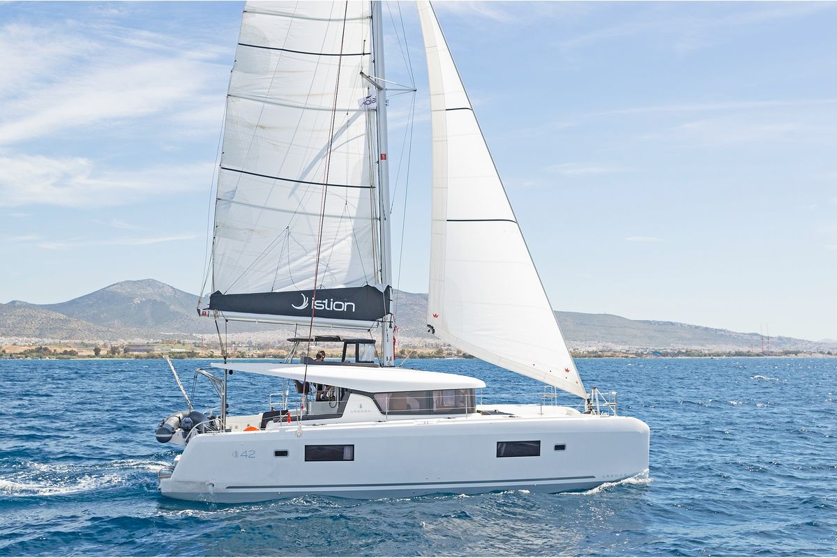 Exterior view of Dream Waters, a Lagoon 42 catamaran at Volos Municipality, Greece