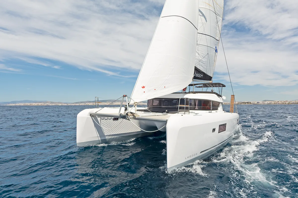 Exterior view of Dream Waters, a Lagoon 42 catamaran at Volos Municipality, Greece