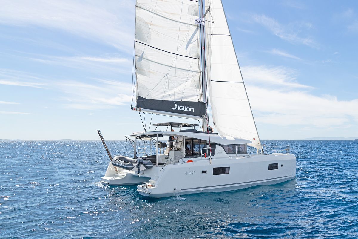 Exterior view of Dream Waters, a Lagoon 42 catamaran at Volos Municipality, Greece