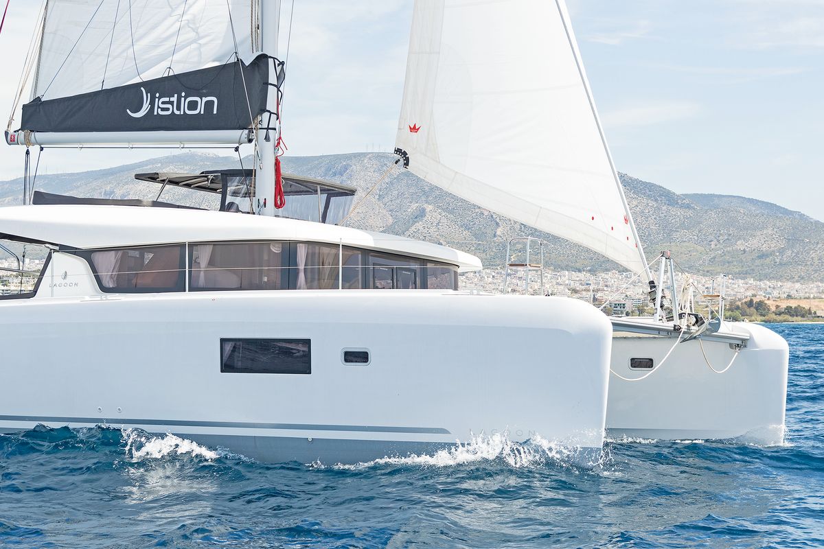 Exterior view of Dream Waters, a Lagoon 42 catamaran at Volos Municipality, Greece