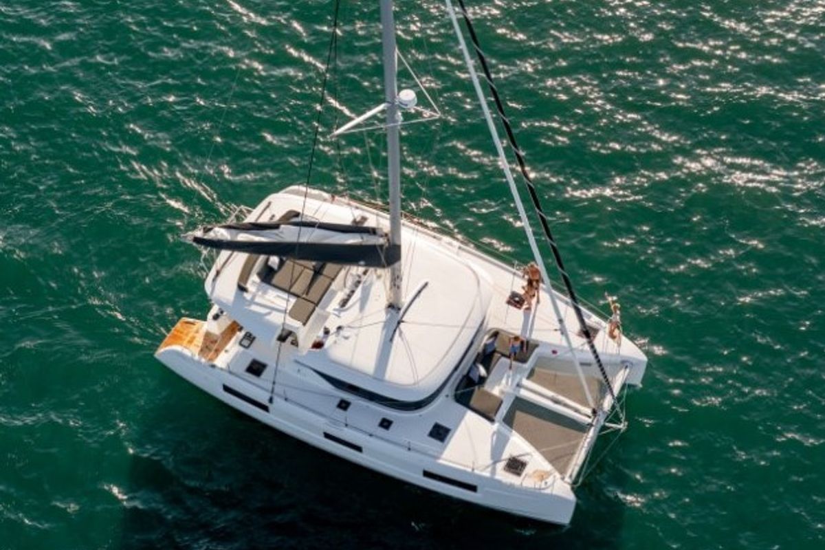 Exterior view of Silver Elli, a Lagoon 46 catamaran at Sant Antoni de Portmany, Spain