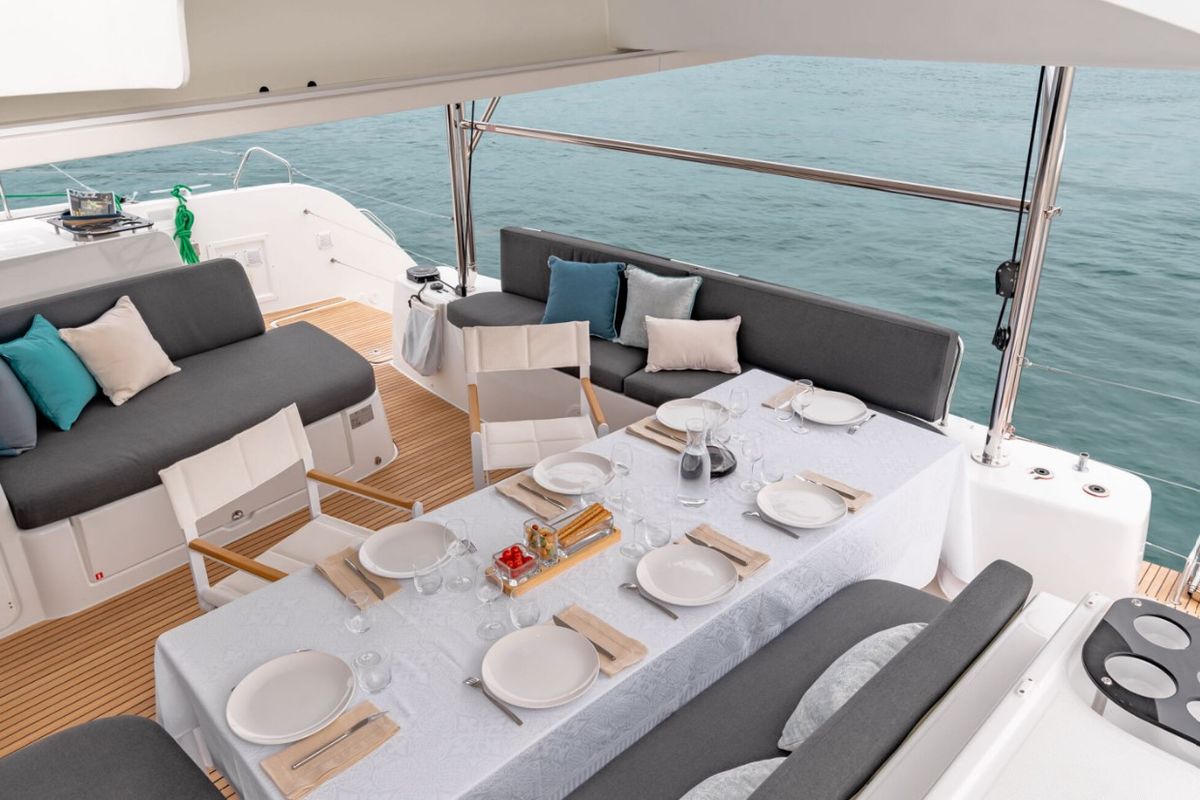 Deck of Silver Elli, a Lagoon 46 catamaran at Sant Antoni de Portmany, Spain