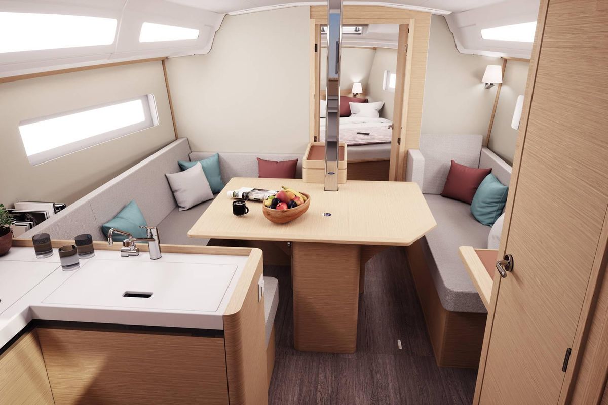 Salon of Pelor, a Jeanneau Sun Odyssey 380 sailboat at Kontokali, Greece