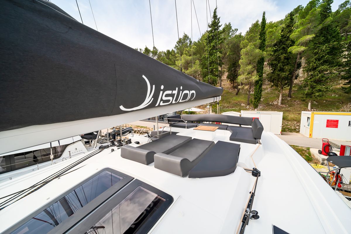 Deck of First Life, a Fountaine Pajot Tanna 47 catamaran at Skradin, Croatia