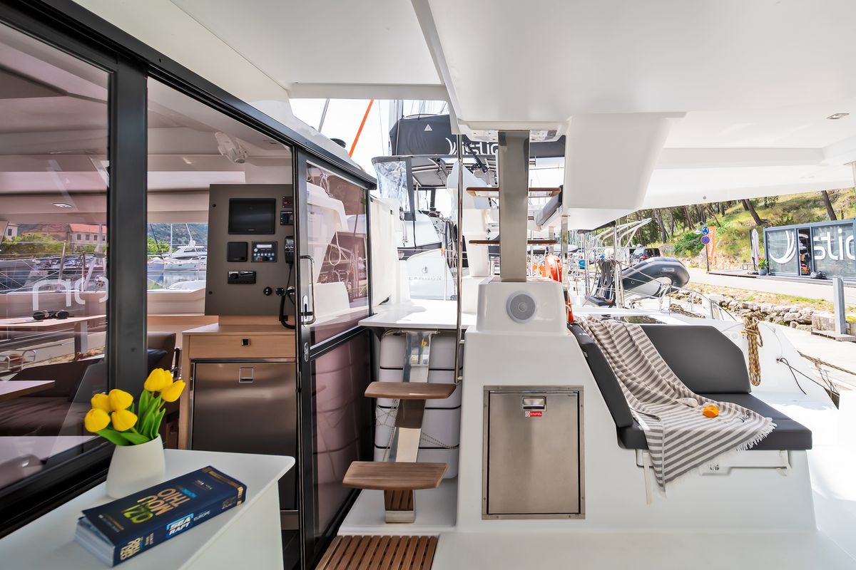 Deck of First Life, a Fountaine Pajot Tanna 47 catamaran at Skradin, Croatia
