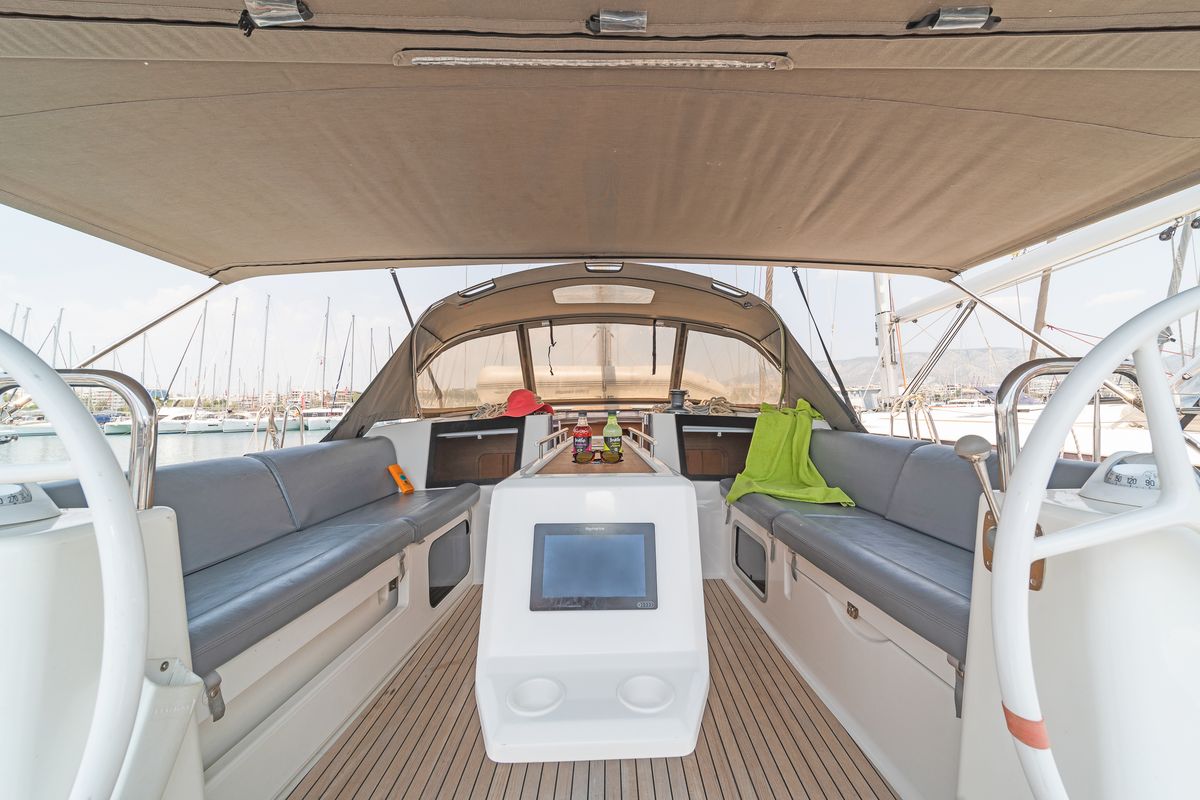 Cockpit of Vanilla, a Dufour 460 Grand Large sailboat at Athens, Greece