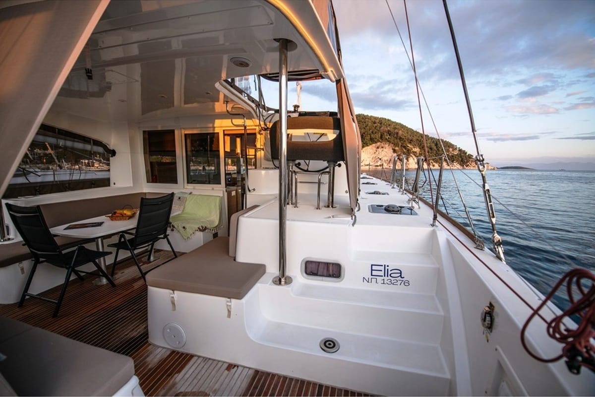 Cockpit of Elia, a Lagoon 40 catamaran at Neo Klima, Greece
