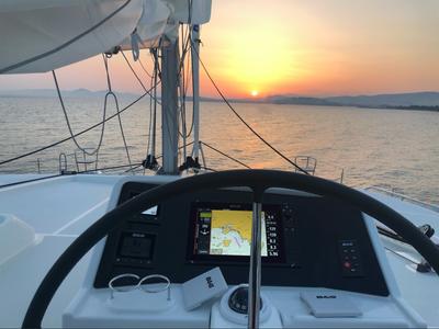 Cockpit of Aristofanis, a Lagoon 450 F catamaran at Municipal Unit of Lefkada, Greece