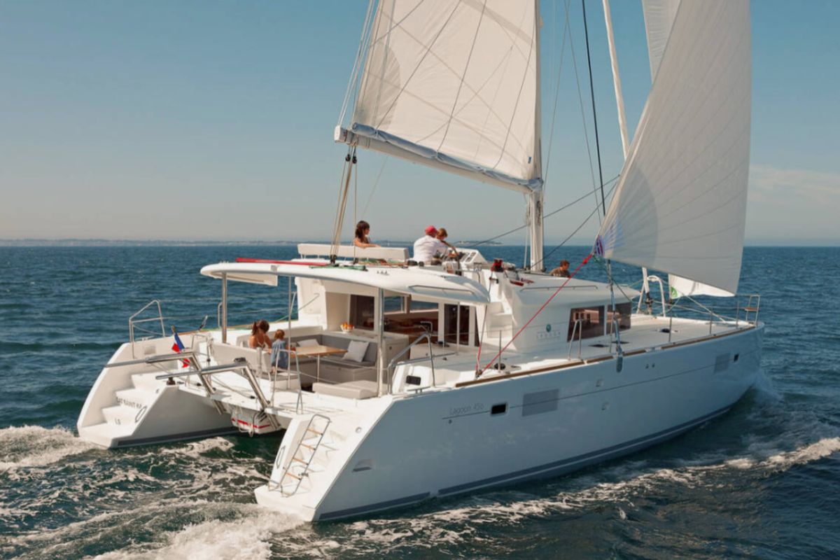 Exterior view of Aristofanis, a Lagoon 450 F catamaran at Municipal Unit of Lefkada, Greece