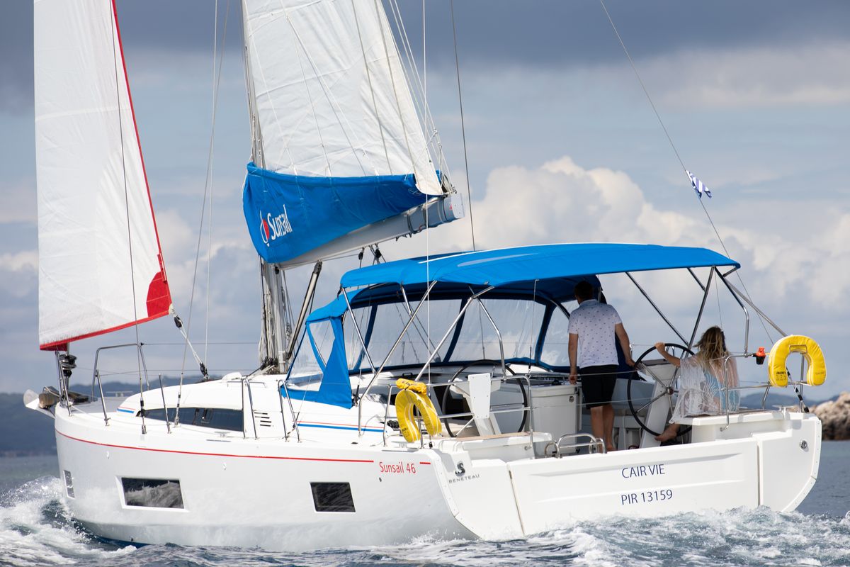 Exterior view of Sunsail 46.4 Premium, a Beneteau Oceanis 46.1 sailboat at Gouvia, Greece