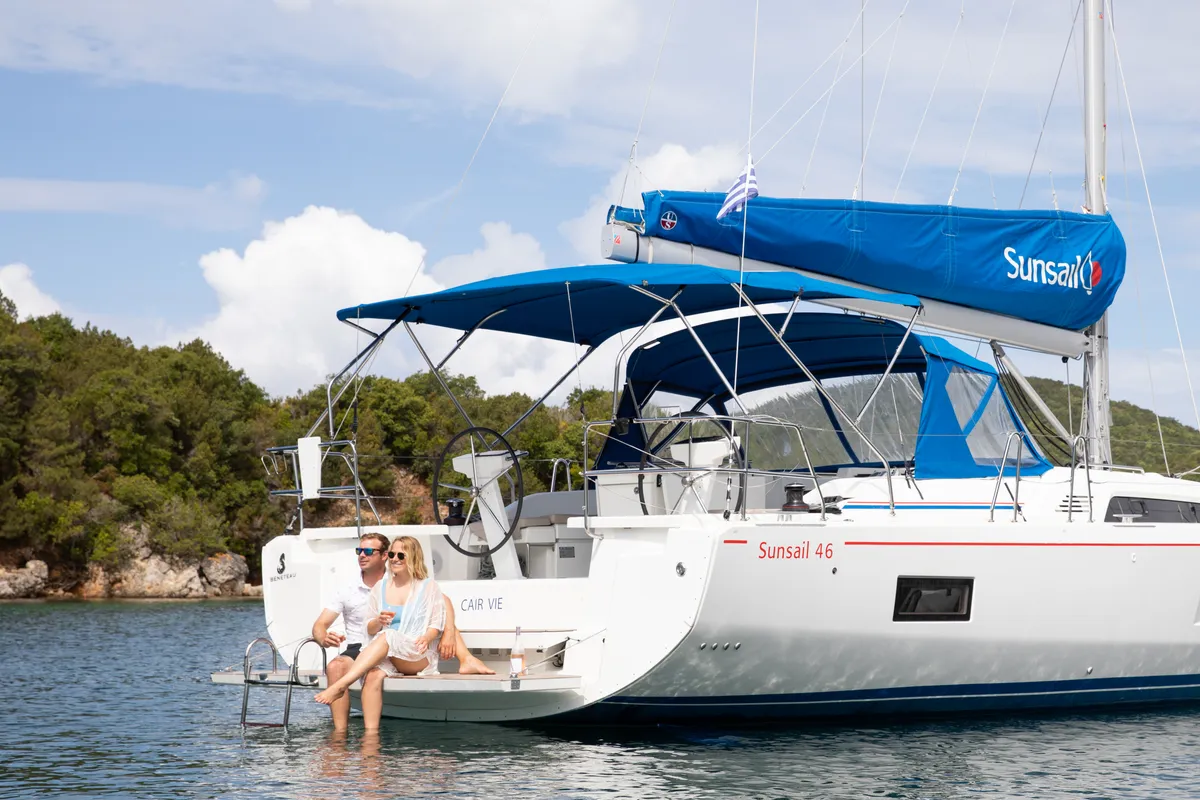 Deck of Sunsail 46.4 Premium, a Beneteau Oceanis 46.1 sailboat at Gouvia, Greece