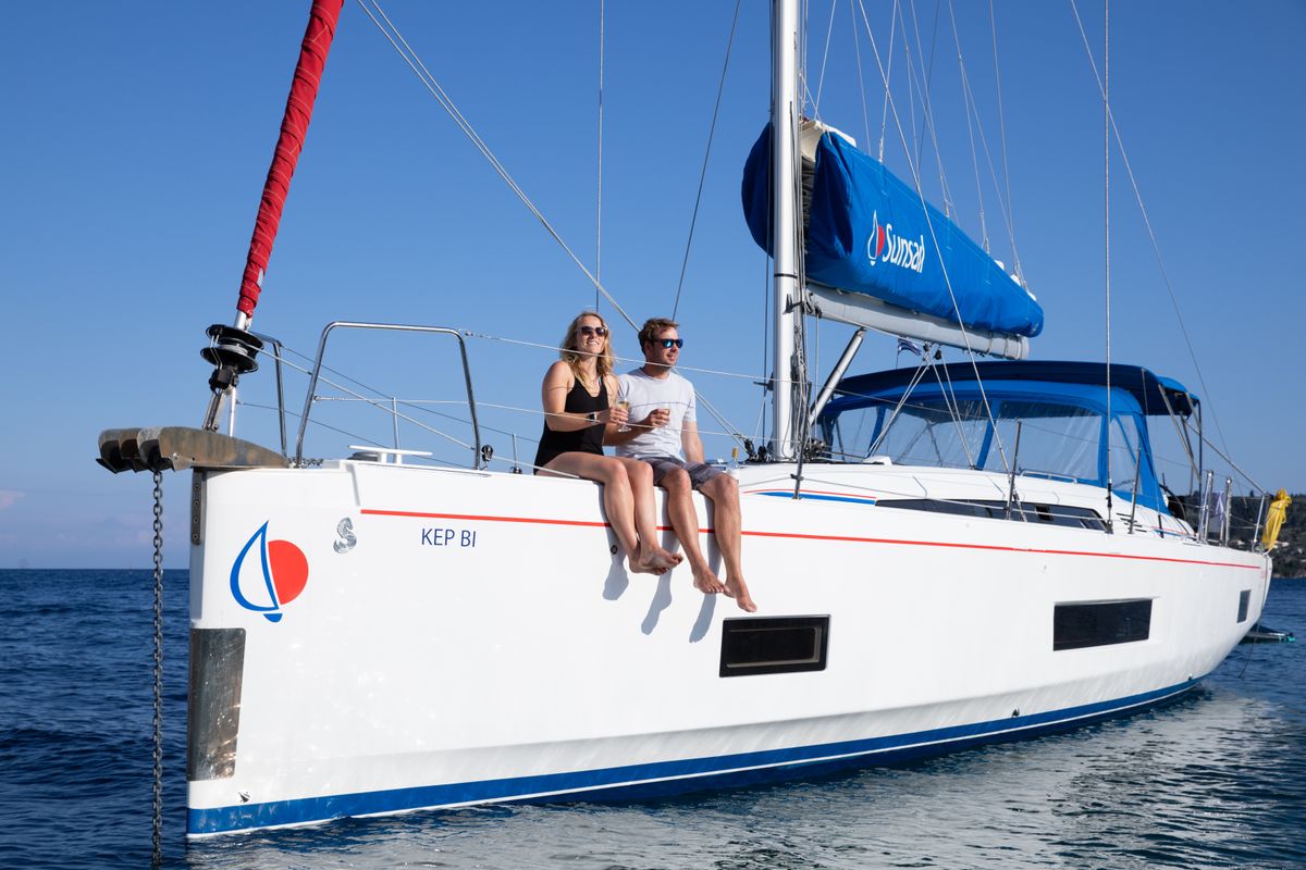Deck of Sunsail 46.4 Premium, a Beneteau Oceanis 46.1 sailboat at Gouvia, Greece