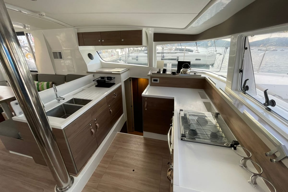 Galley of Kebifor, a Bali 4.2 catamaran at Municipal Unit of Palairos, Greece