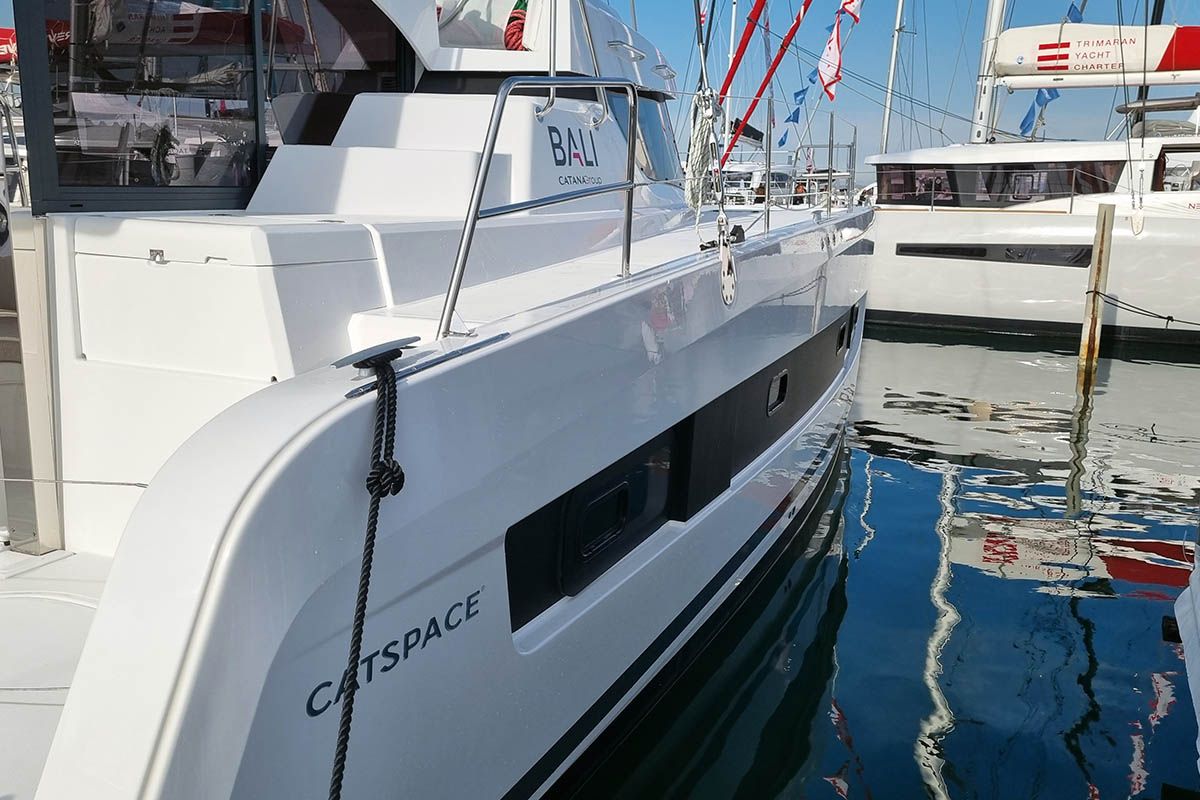 Exterior view of Sunrise, a Bali Catspace catamaran at Seget Donji, Croatia