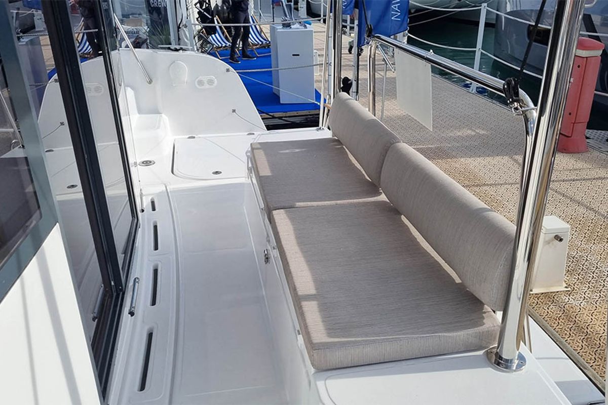 Deck of Sunrise, a Bali Catspace catamaran at Seget Donji, Croatia