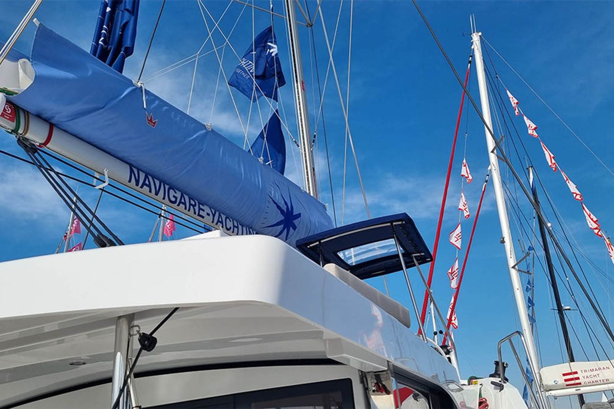 Exterior view of Sunrise, a Bali Catspace catamaran at Seget Donji, Croatia