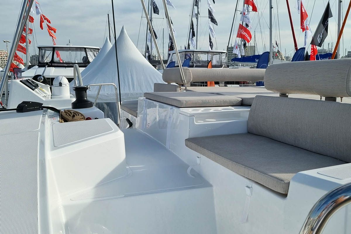Deck of Sunrise, a Bali Catspace catamaran at Seget Donji, Croatia