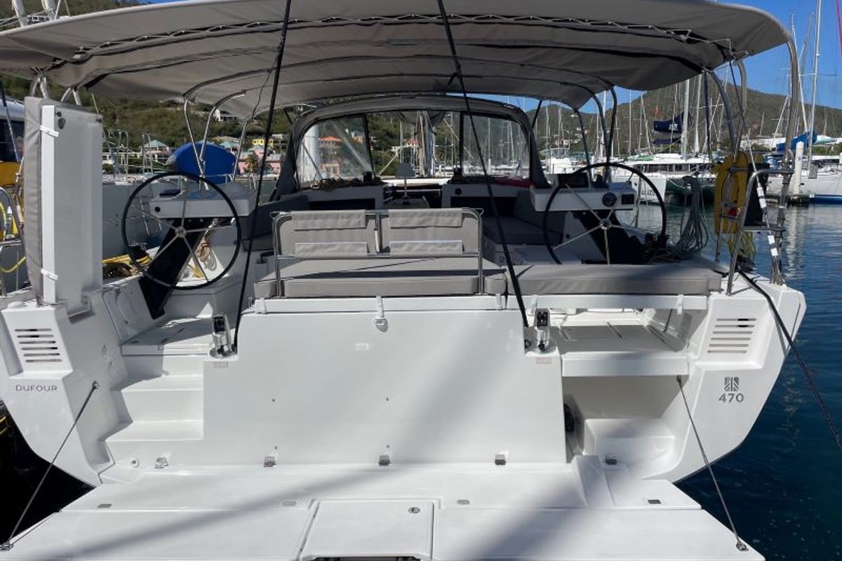 Exterior view of Shandy Breeze, a Dufour 470 sailboat at Road Town, British Virgin Islands