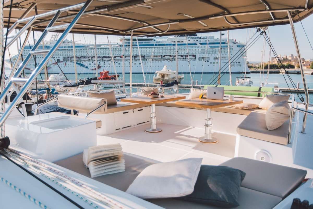 Deck of Maia, a Bali 5.4 catamaran at Salerno, Italy