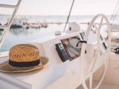 Cockpit of Maia, a Bali 5.4 catamaran at Salerno, Italy