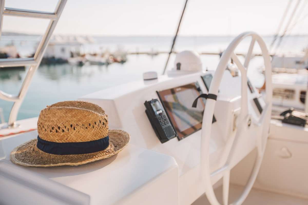 Cockpit of Maia, a Bali 5.4 catamaran at Salerno, Italy