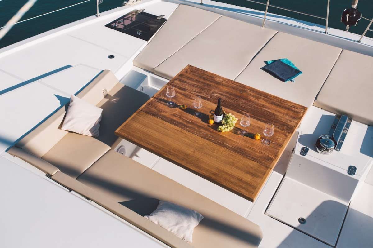 Deck of Maia, a Bali 5.4 catamaran at Salerno, Italy