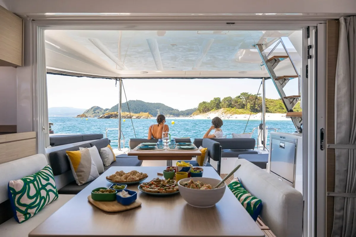 Salon of Blue Dream, a Lagoon 43 catamaran at Olbia, Italy