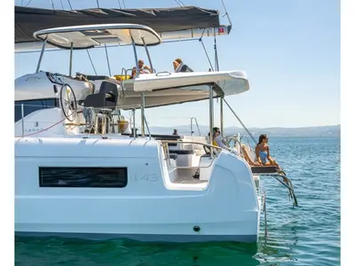 Deck of Blue Dream, a Lagoon 43 catamaran at Olbia, Italy