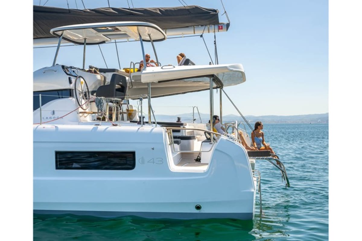 Deck of Blue Dream, a Lagoon 43 catamaran at Olbia, Italy