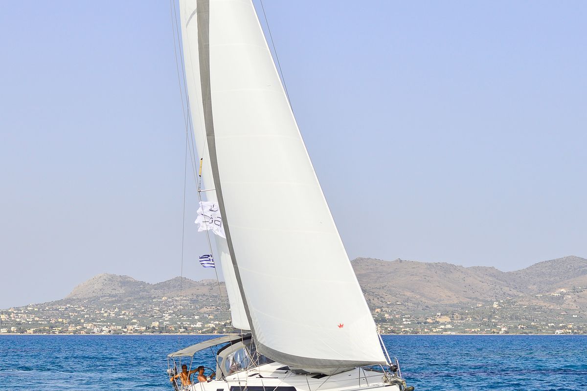 Exterior view of Nereus, a Bavaria Cruiser 46 sailboat at Preveza, Greece