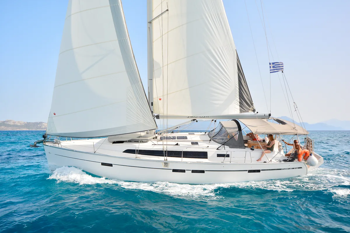 Exterior view of Nereus, a Bavaria Cruiser 46 sailboat at Preveza, Greece
