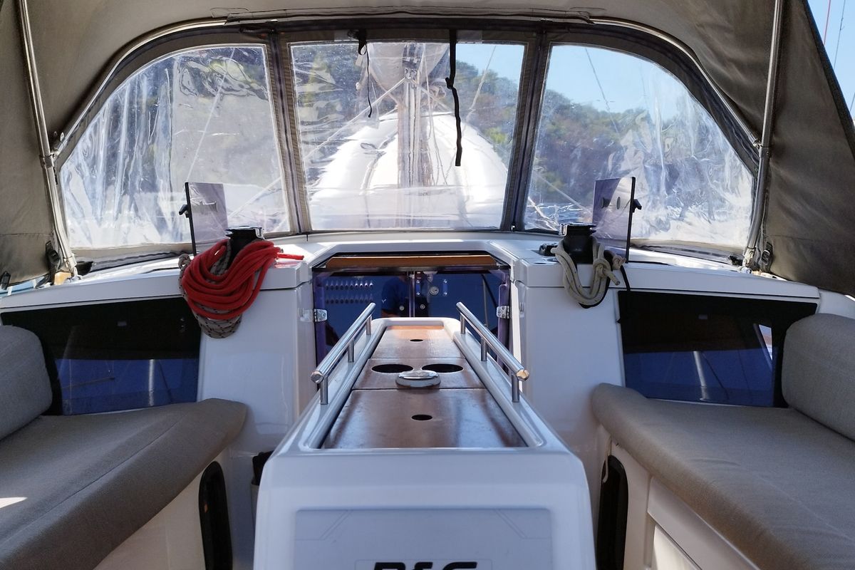 Cockpit of Else, a Dufour 360 GL sailboat at Olbia, Italy