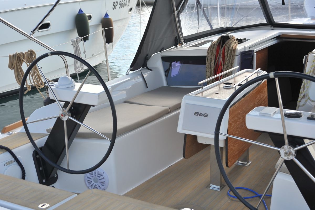 Cockpit of Else, a Dufour 360 GL sailboat at Olbia, Italy