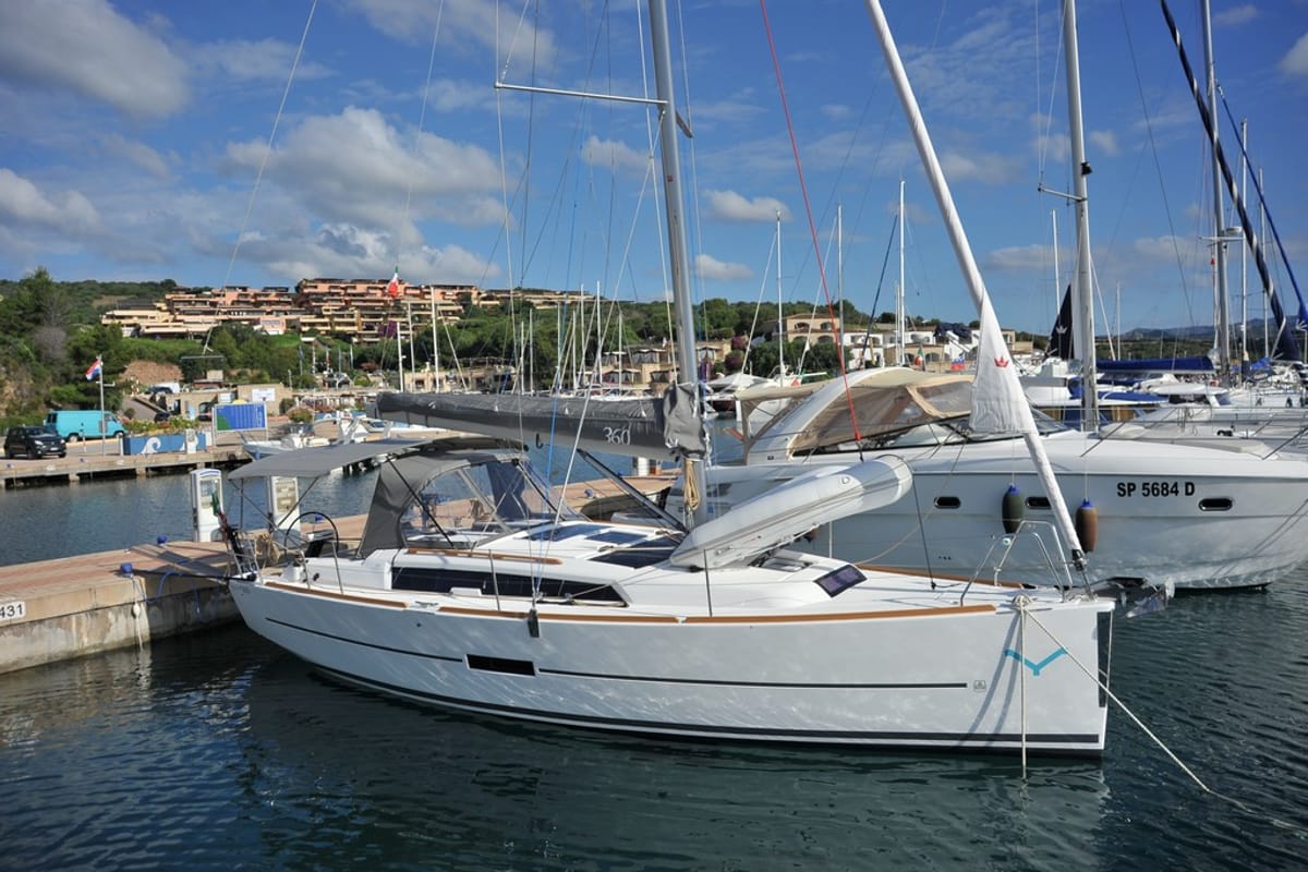 Exterior view of Else, a Dufour 360 GL sailboat at Olbia, Italy