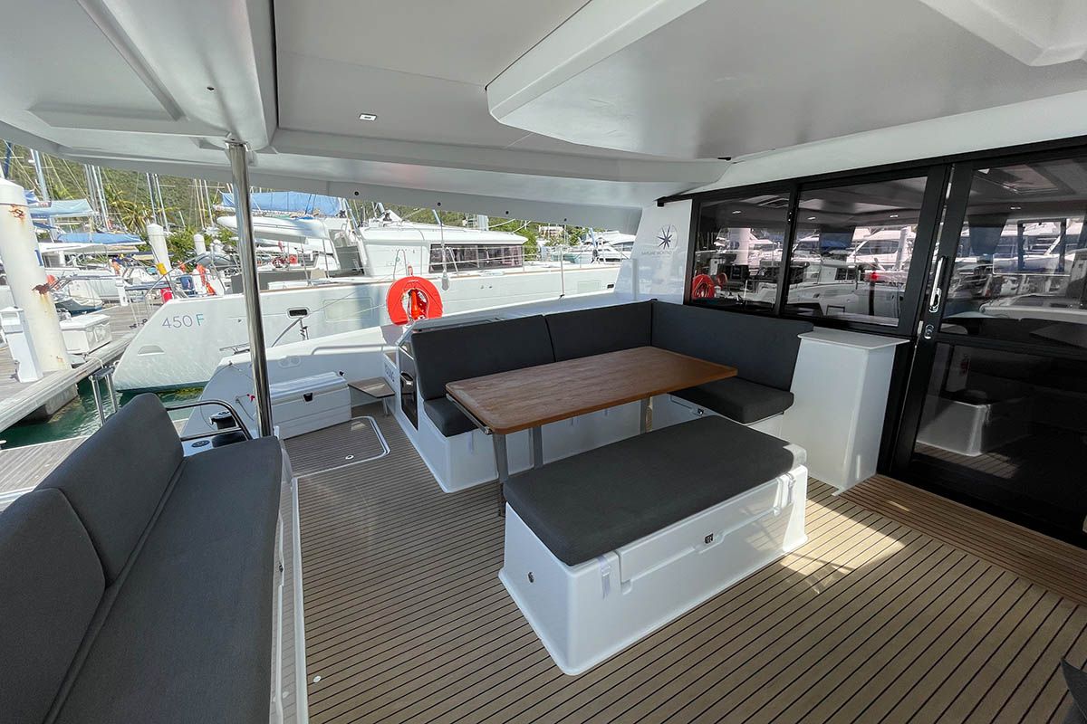 Deck of Knotty Cat (Forever Young), a Fountaine Pajot Tanna 47 catamaran at Road Town, British Virgin Islands