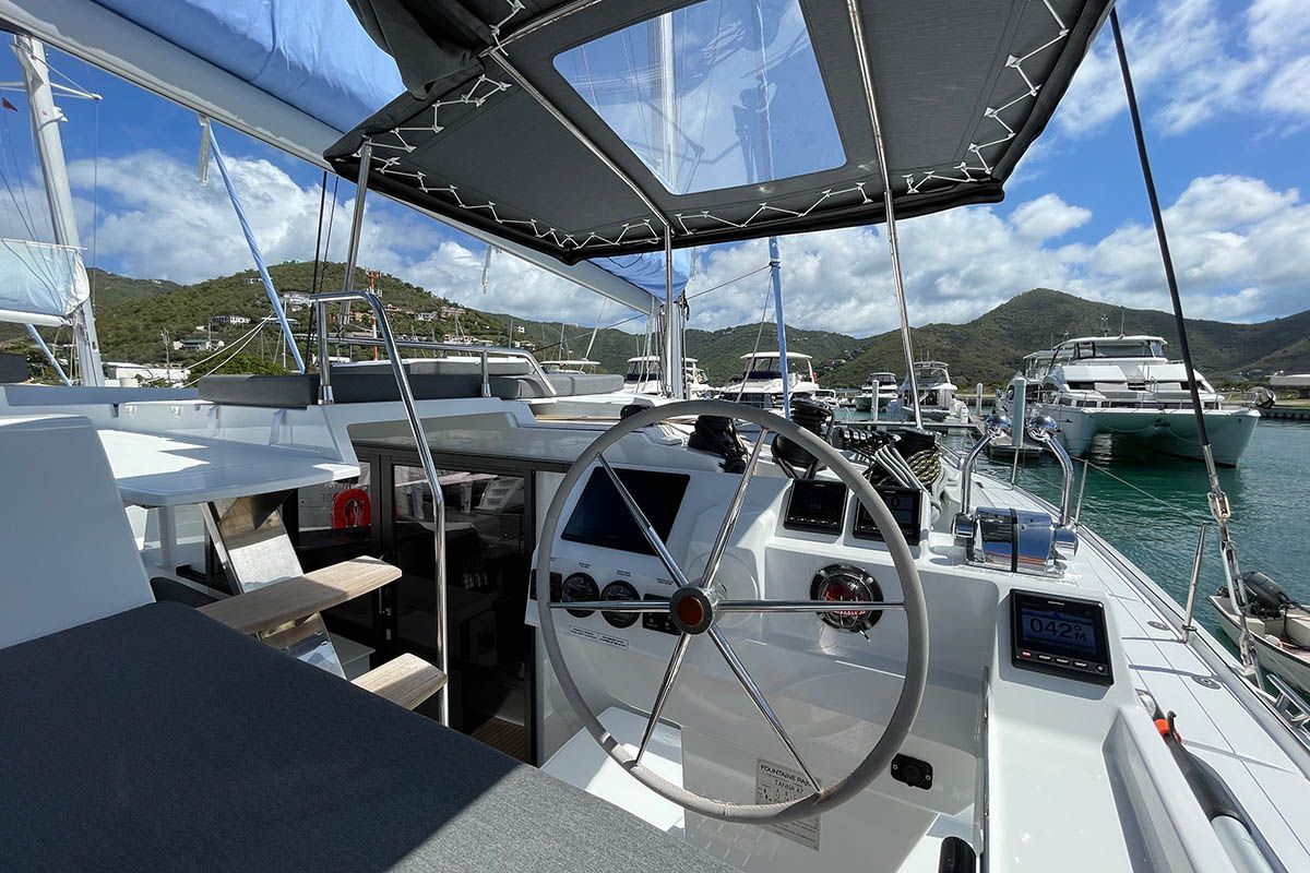 Cockpit of Knotty Cat (Forever Young), a Fountaine Pajot Tanna 47 catamaran at Road Town, British Virgin Islands