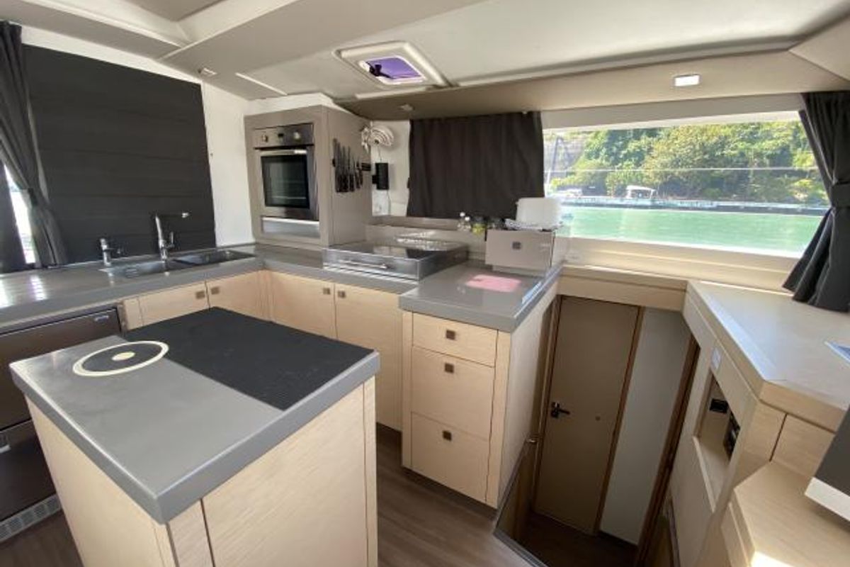Galley of Lola 2, a Fountaine Pajot Saona 47 catamaran at Mai Khao, Thailand