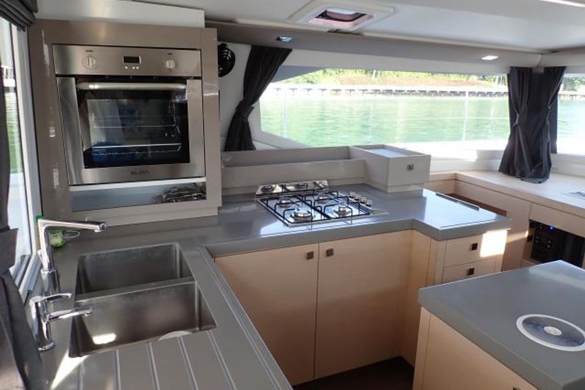 Galley of Lola 2, a Fountaine Pajot Saona 47 catamaran at Mai Khao, Thailand