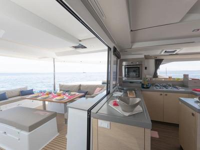 Galley of Lola 2, a Fountaine Pajot Saona 47 catamaran at Mai Khao, Thailand