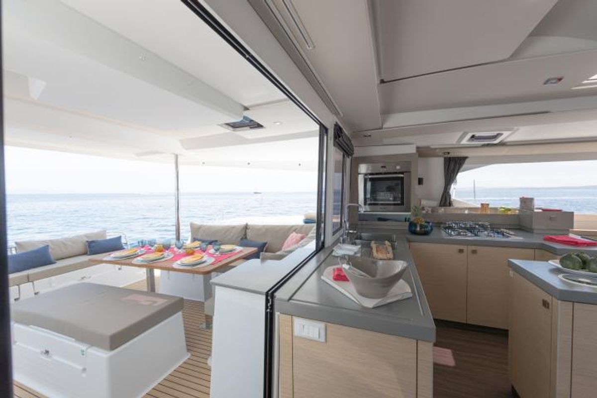 Galley of Lola 2, a Fountaine Pajot Saona 47 catamaran at Mai Khao, Thailand