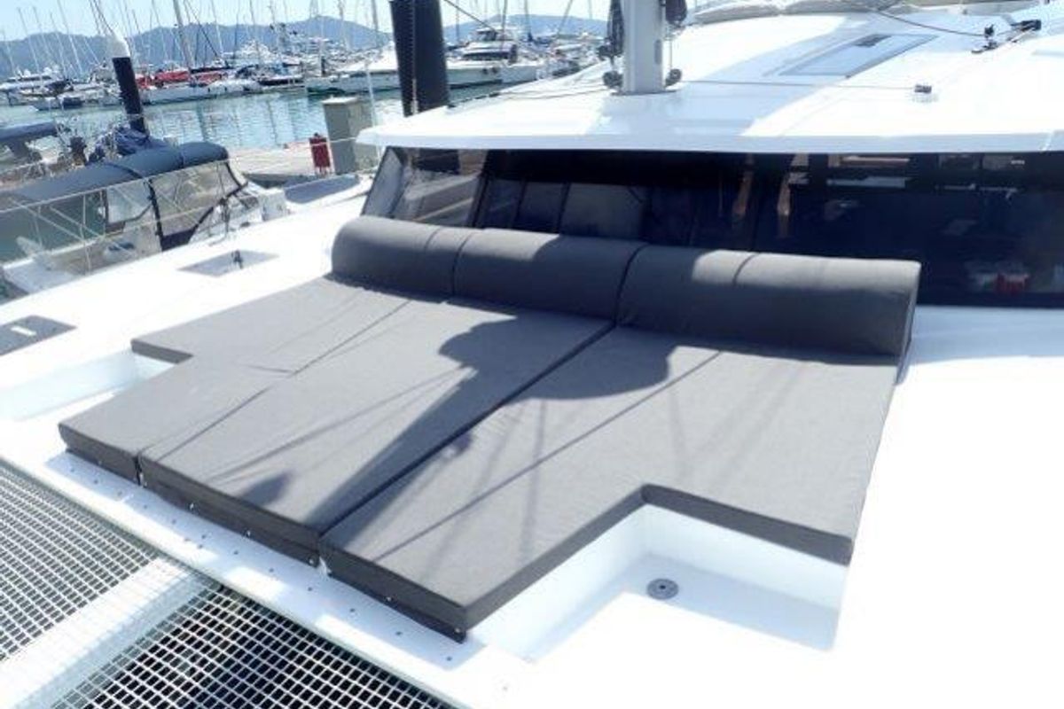 Deck of Lola 2, a Fountaine Pajot Saona 47 catamaran at Mai Khao, Thailand