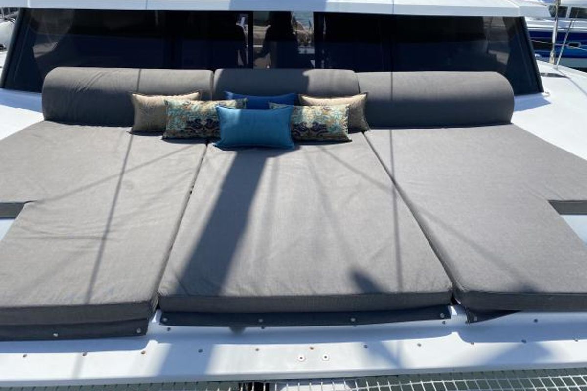 Deck of Lola 2, a Fountaine Pajot Saona 47 catamaran at Mai Khao, Thailand