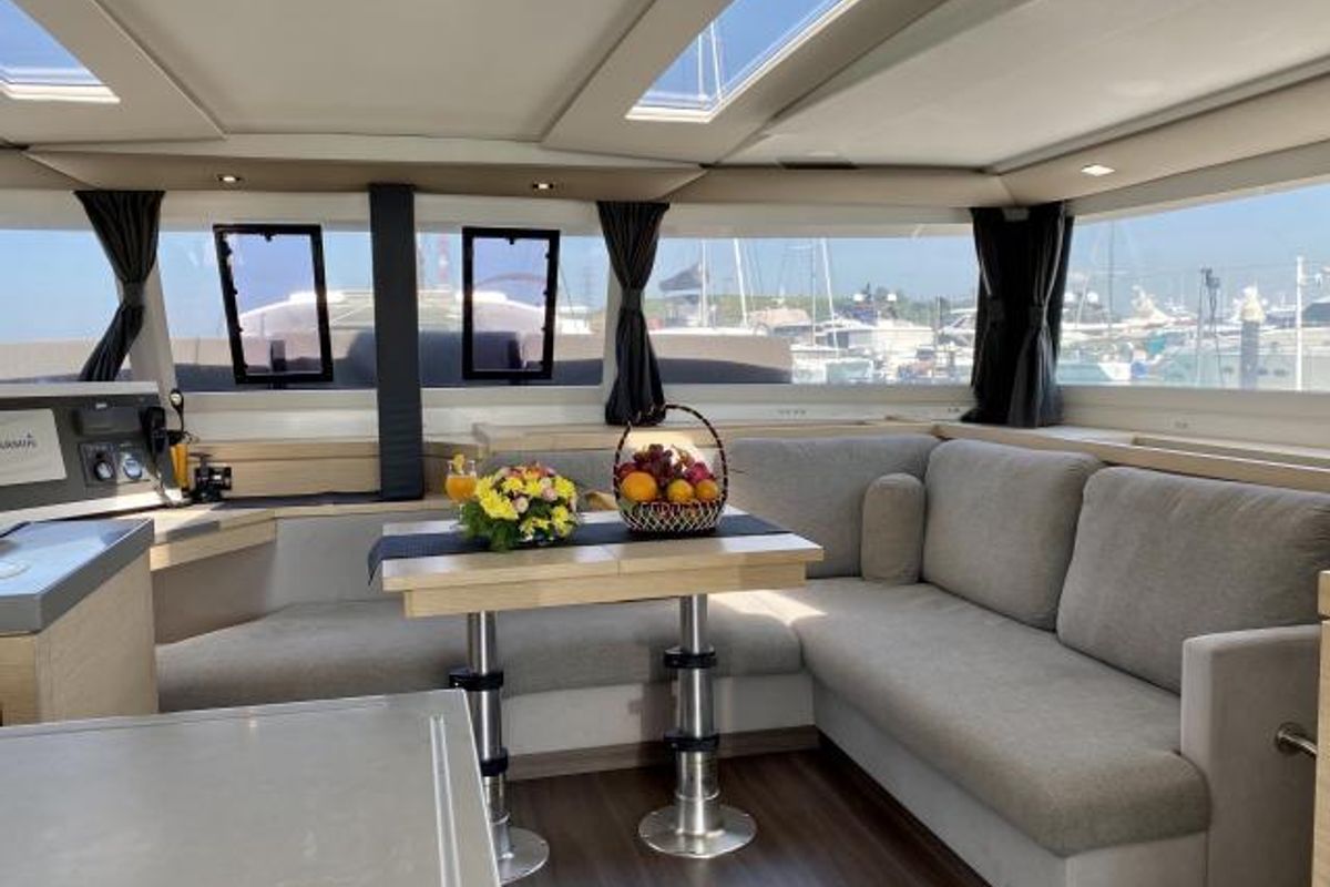 Salon of Lola 2, a Fountaine Pajot Saona 47 catamaran at Mai Khao, Thailand